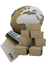 Image: Brown paer globe and shipping boxes with fax machine